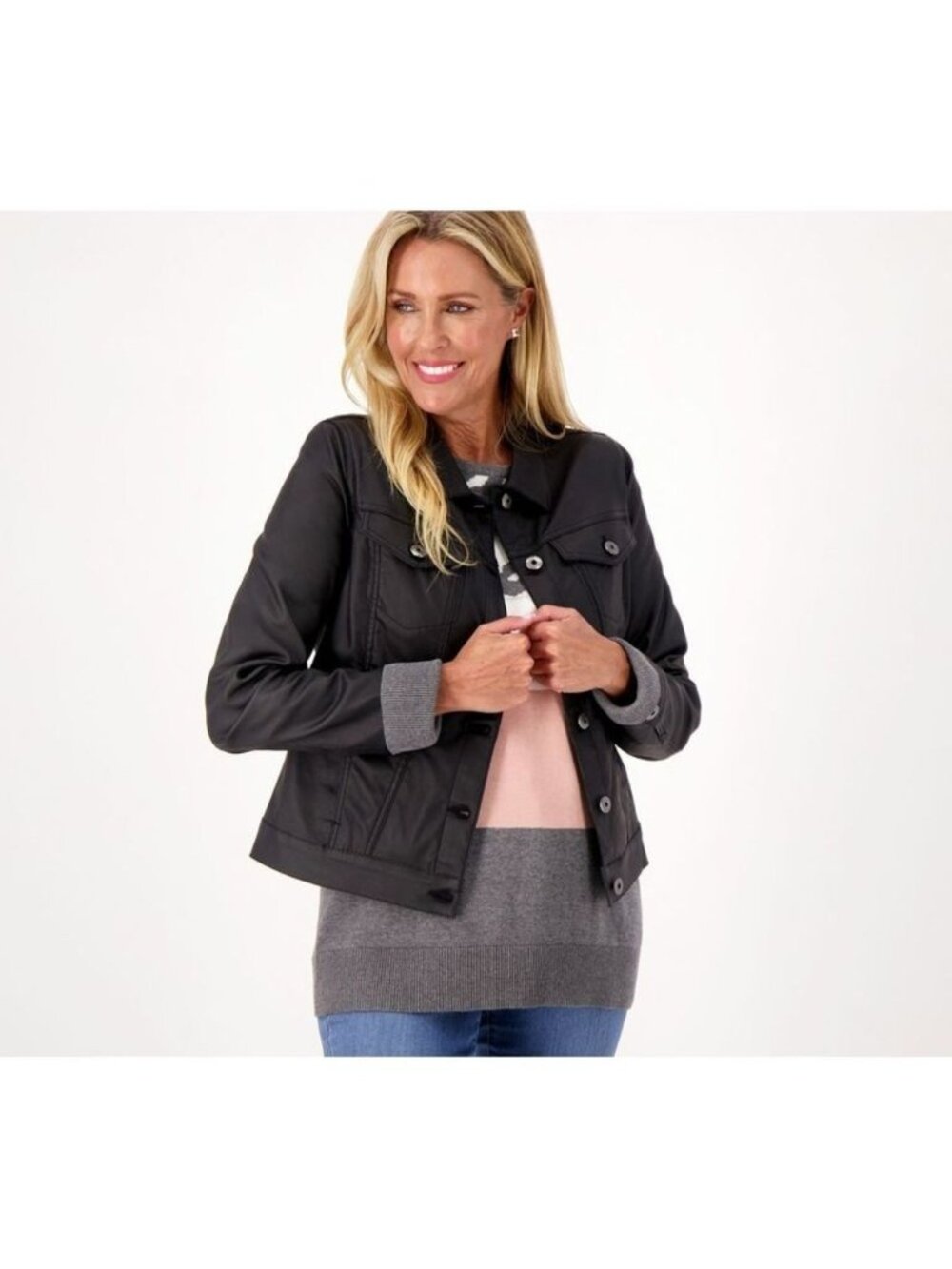 Belle by Kim Gravel Jacket Jean Coated Twill Black Pockets Buttons XS A520293